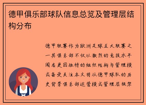 德甲俱乐部球队信息总览及管理层结构分布