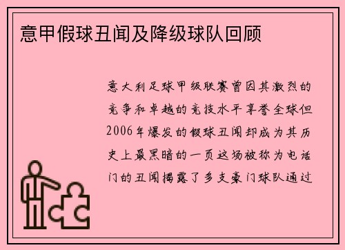 意甲假球丑闻及降级球队回顾