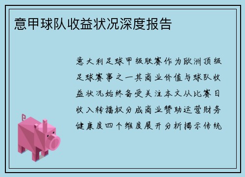 意甲球队收益状况深度报告