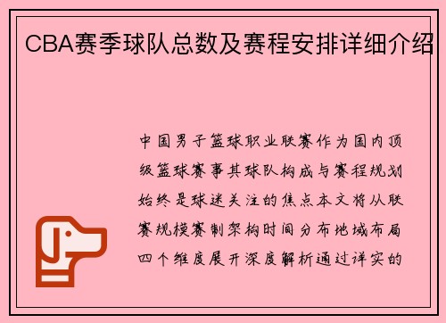 CBA赛季球队总数及赛程安排详细介绍